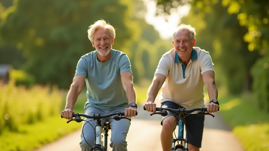 Divi seniori uz velosipēdiem lauku ceļā, smaidošu, brīvs saulains laikaparāds, viņi valkā sporta apģērbu